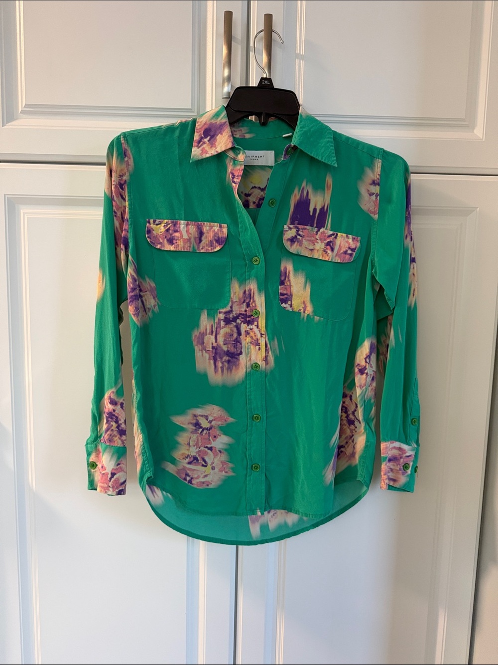 Equipment Green Button-Front Blouse with Purple & Cream Floral Accents